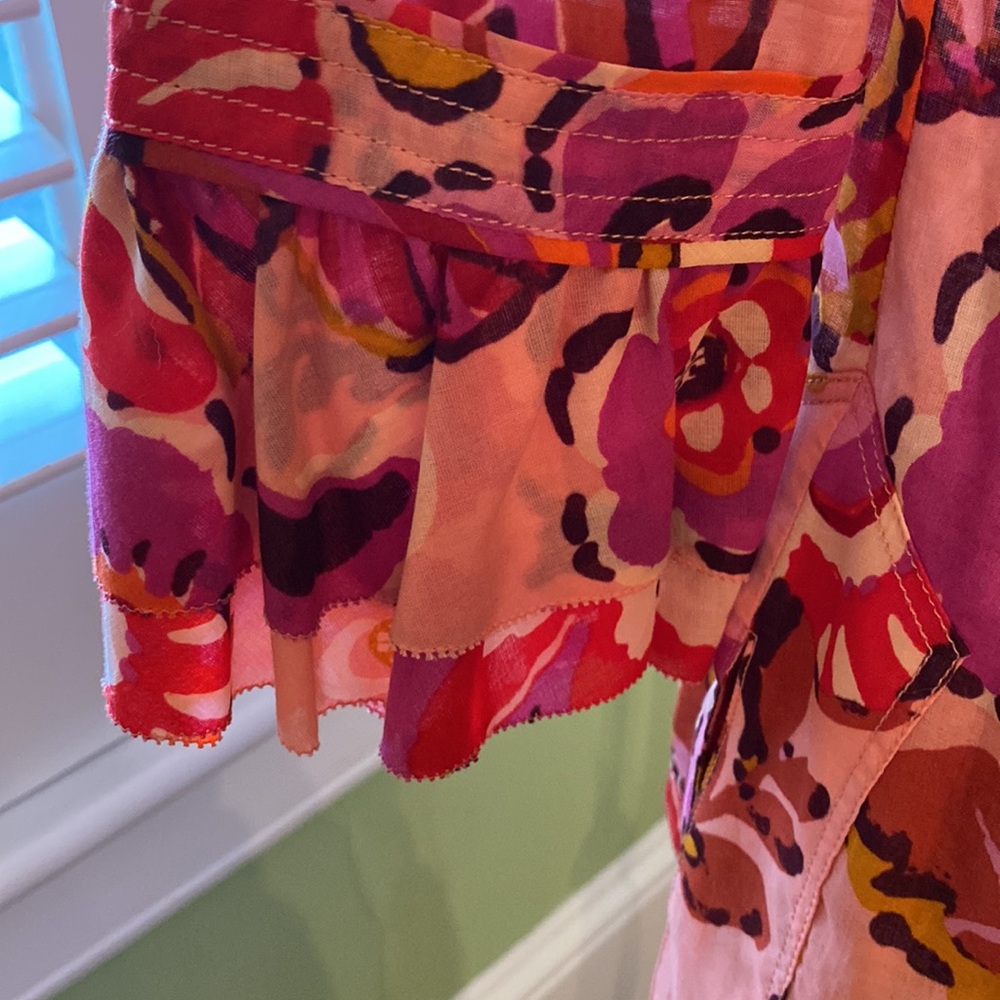 Tory Burch Cotton Voile Tunic Pink Orange Floral Drawstring Ruffle Collar Size 4 - Picture 4 of 16